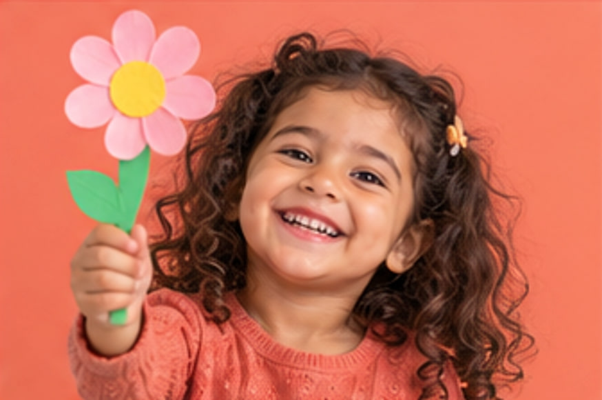 A child holding a handmade paper flower — creativity has no limits